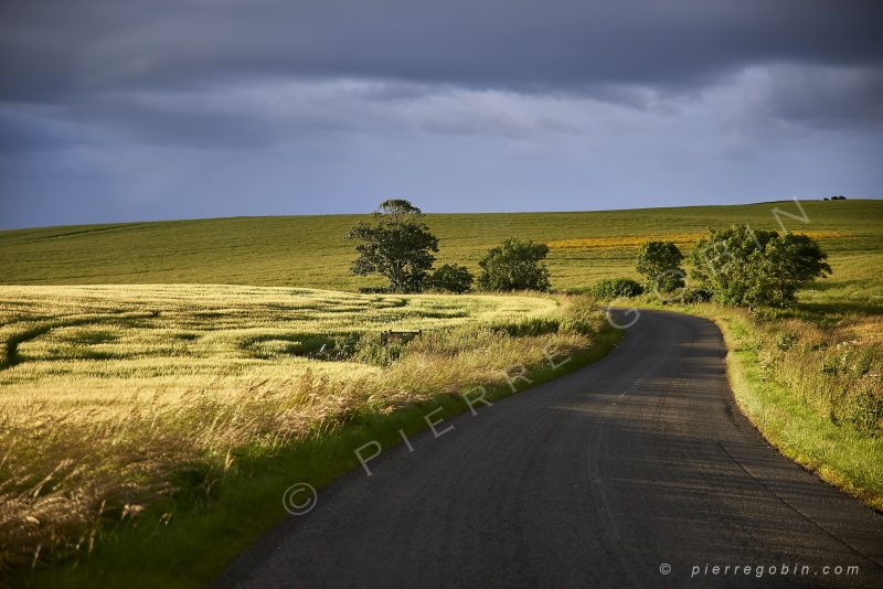 Route serpantant dans les foins en Ecosse au mieu d'un colline